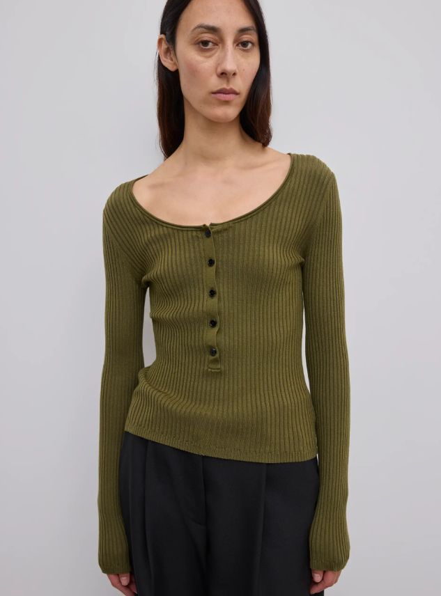 Ls henley knit top - Dark Olive Green