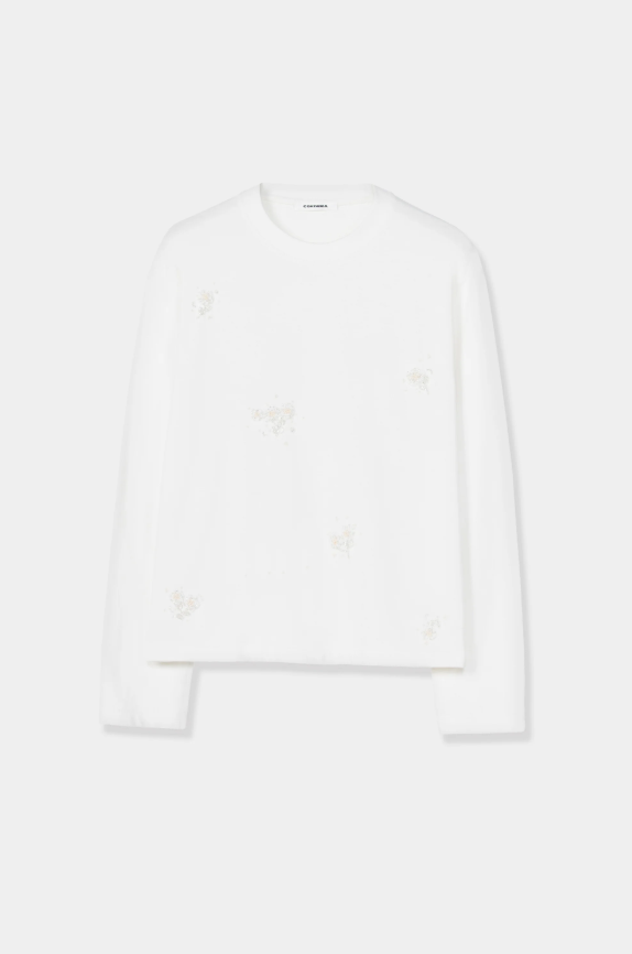 EMBELLISHED LONG-SLEEVE TEE - WHITE