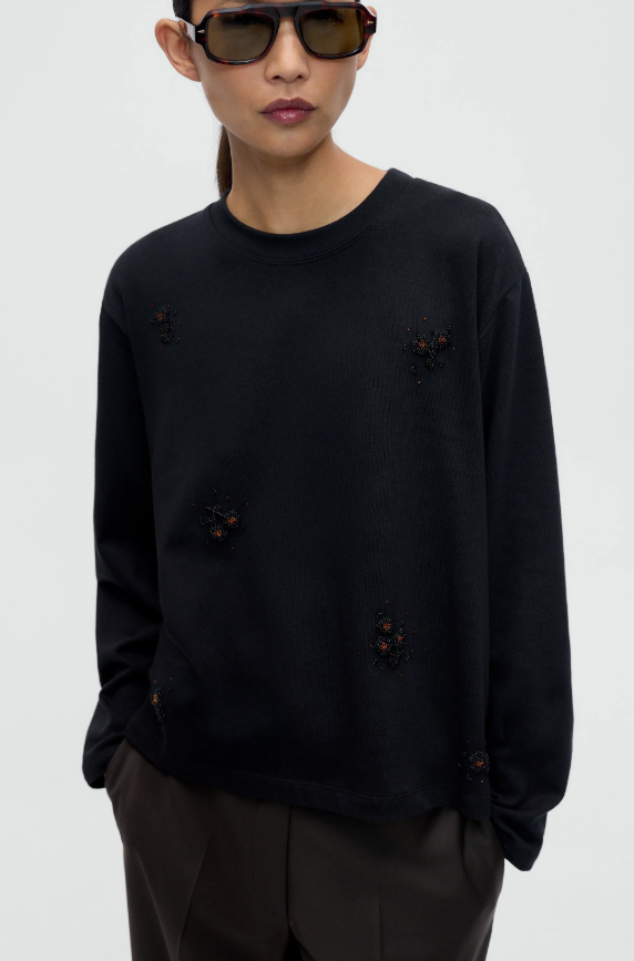 EMBELLISHED LONG-SLEEVE TEE - BLACK