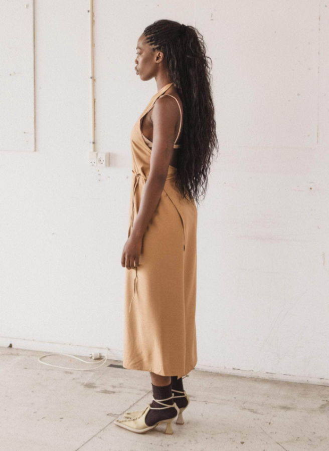 Baserange SS26 - apron dress - Bath brown