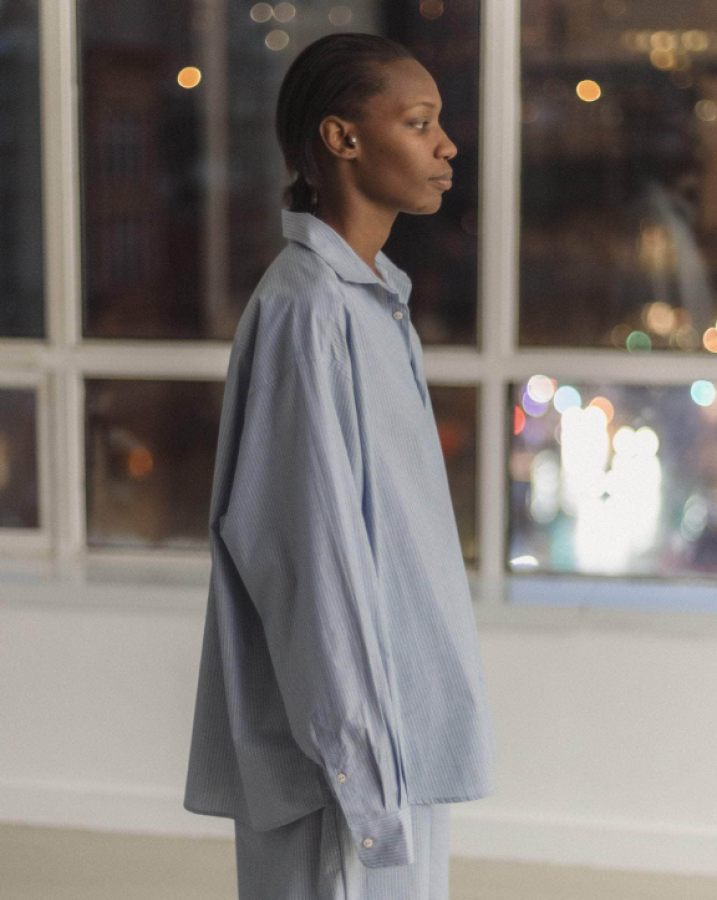 Baserange PF25 - Claude Shirt - Organic Cotton Poplin - Blue strip