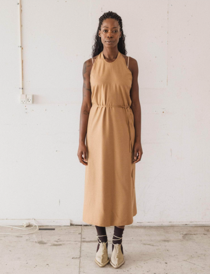 Baserange SS26 - apron dress - Bath brown