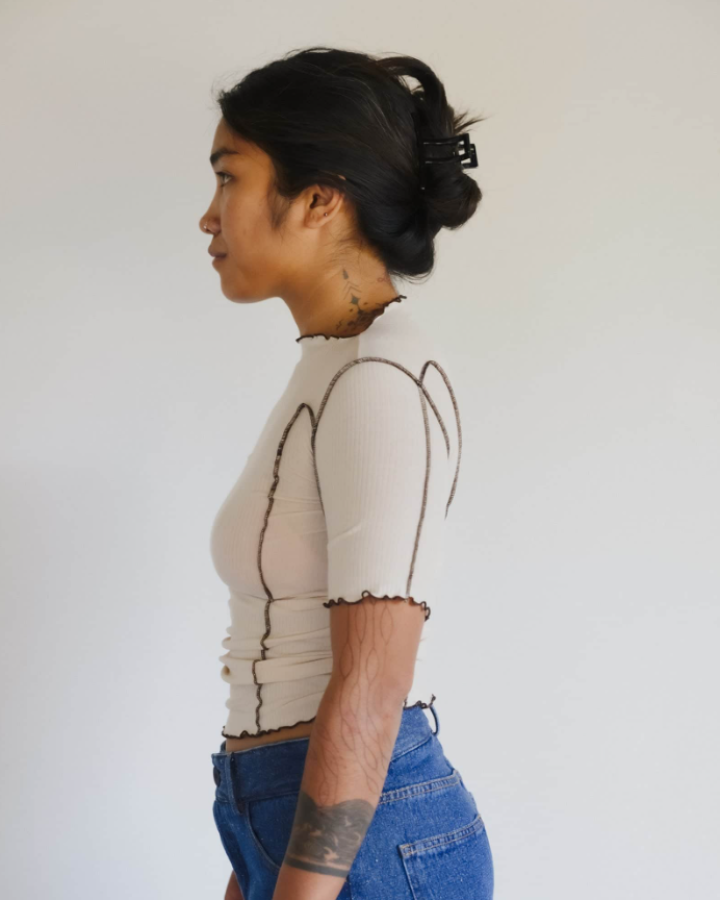 Baserange SS26 - Omato 3/4 Tee Shirt - Fine Organic Cotton Rib - Dylan beige