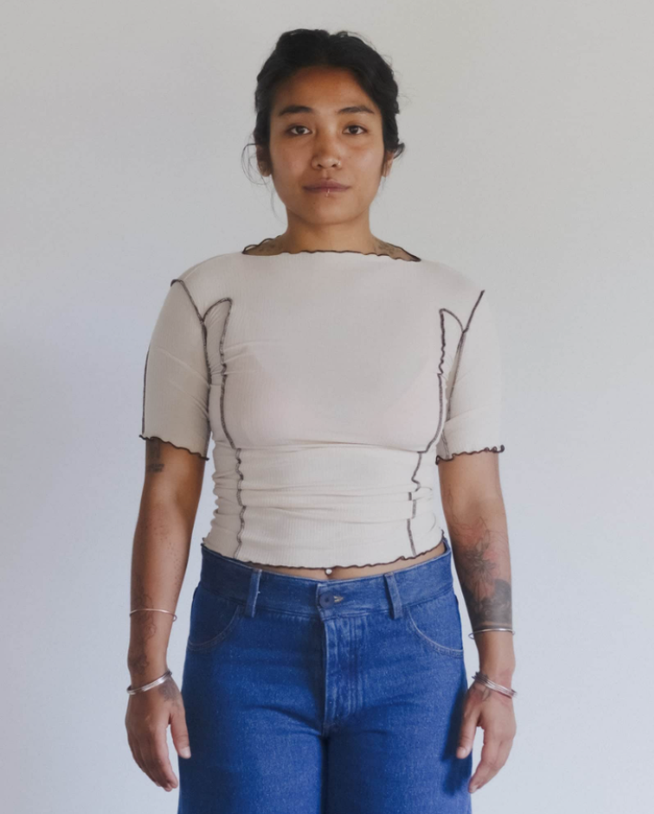 Baserange SS26 - Omato 3/4 Tee Shirt - Fine Organic Cotton Rib - Dylan beige